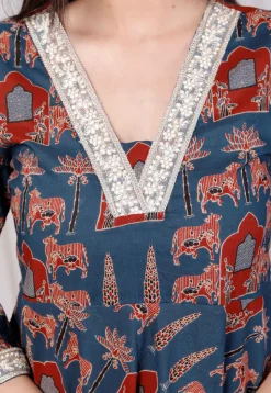 Digital Printed Pure Cotton A Line Kurta in Teal Blue