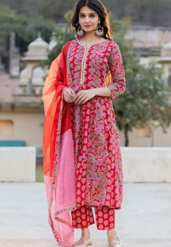 Digital Printed Pure Cotton Anarkali Suit in Red