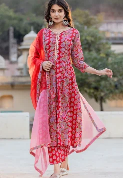 Digital Printed Pure Cotton Anarkali Suit in Red