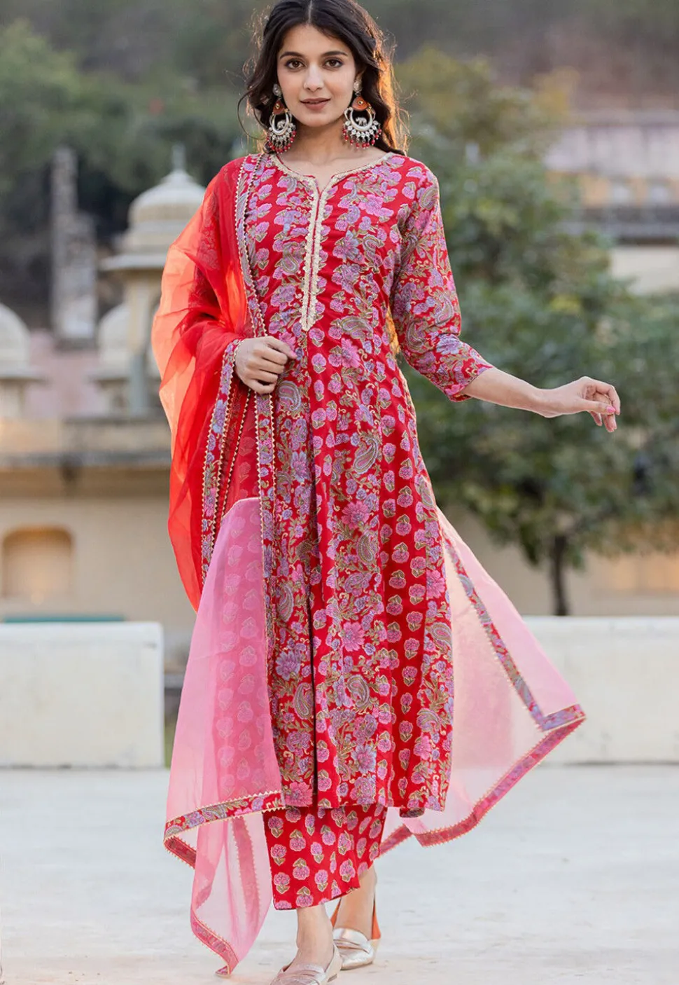 Digital Printed Pure Cotton Anarkali Suit in Red