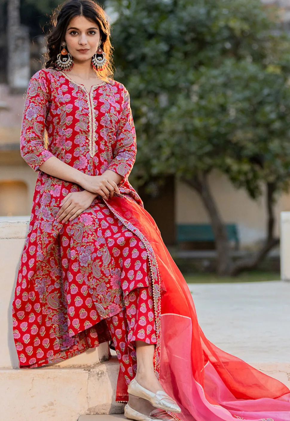 Digital Printed Pure Cotton Anarkali Suit in Red