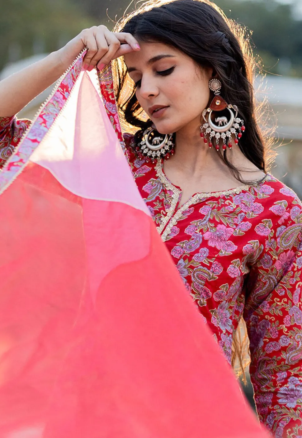 Digital Printed Pure Cotton Anarkali Suit in Red