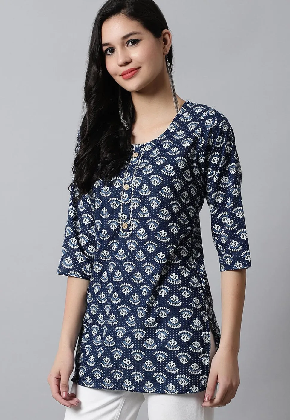 Digital Printed Pure Cotton Short Kurti in Navy Blue
