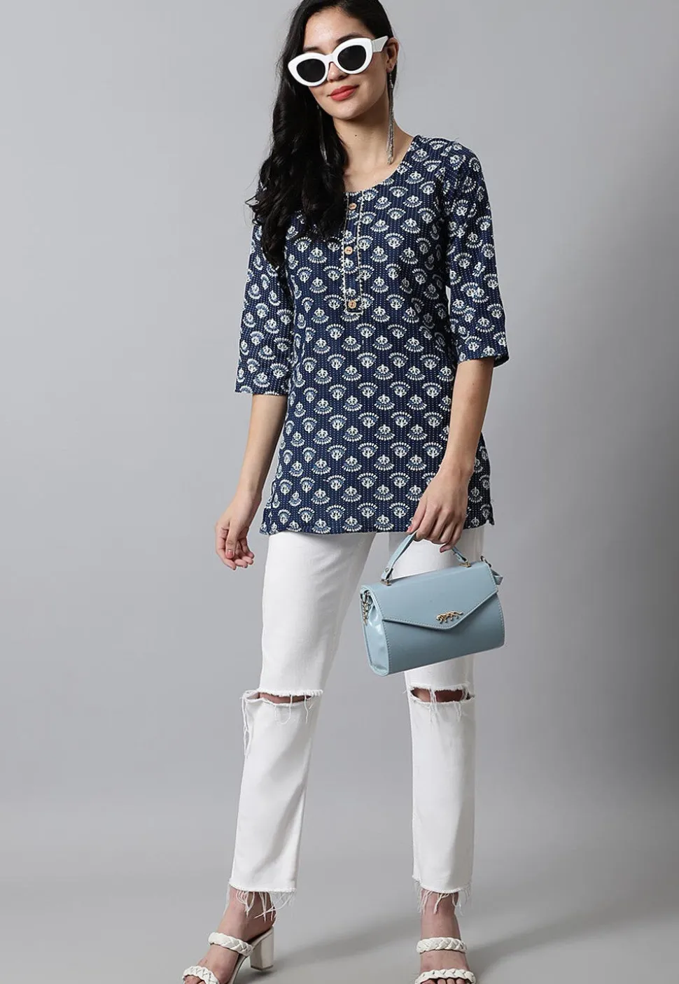Digital Printed Pure Cotton Short Kurti in Navy Blue