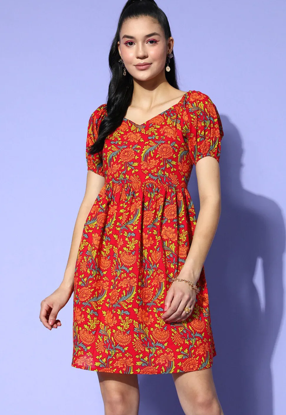 Digital Printed Pure Cotton Short Dress with Back Tie in Red