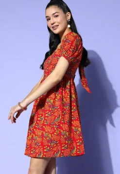 Digital Printed Pure Cotton Short Dress with Back Tie in Red