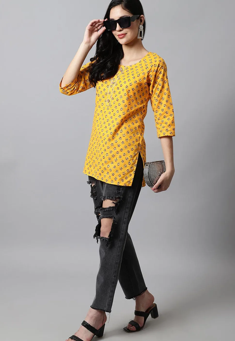 Digital Printed Pure Cotton Short Kurti in Yellow