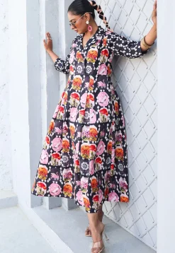 Digital Printed Pure Cotton A Line Dress in Black