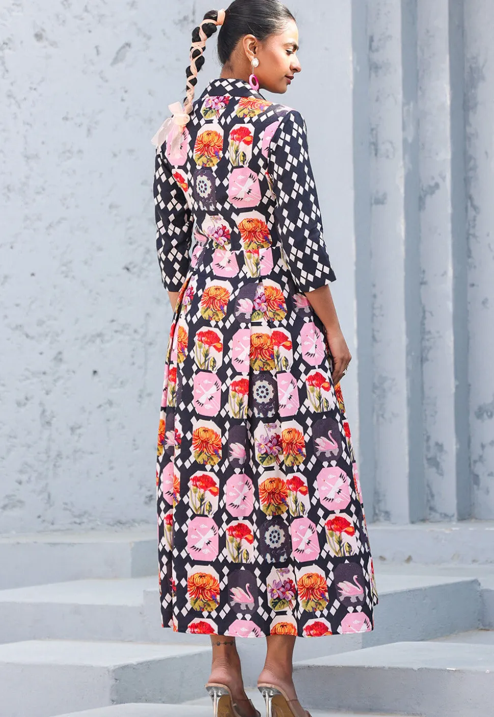 Digital Printed Pure Cotton A Line Dress in Black