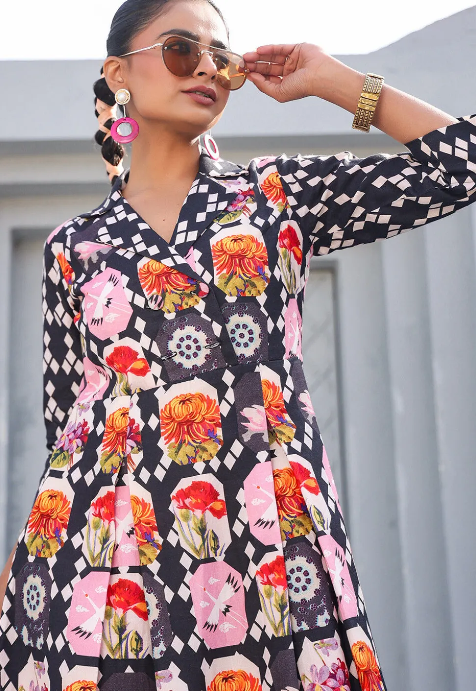 Digital Printed Pure Cotton A Line Dress in Black
