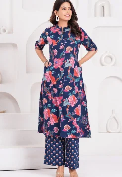 Digital Printed Pure Cotton A Line Kurta Set in Navy Blue