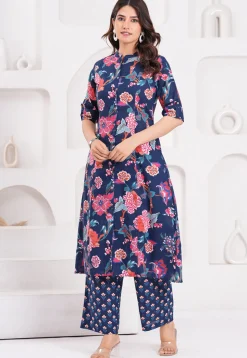 Digital Printed Pure Cotton A Line Kurta Set in Navy Blue