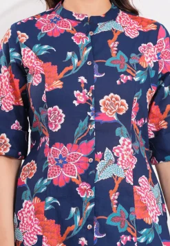 Digital Printed Pure Cotton A Line Kurta Set in Navy Blue