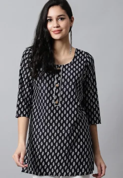 Digital Printed Pure Cotton Short Kurti in Black