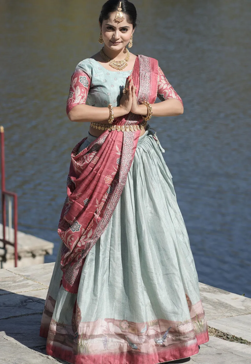Digital Printed Pure Manipuri Silk Lehenga in Light Blue