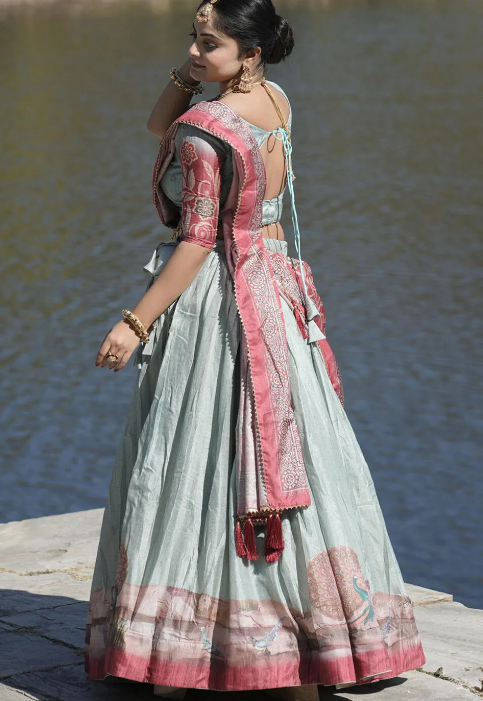 Digital Printed Pure Manipuri Silk Lehenga in Light Blue