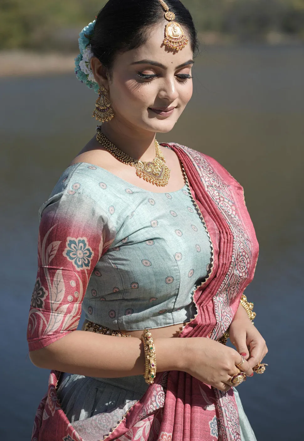 Digital Printed Pure Manipuri Silk Lehenga in Light Blue