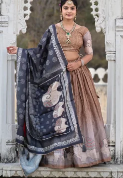 Digital Printed Pure Manipuri Silk Lehenga in Light Brown
