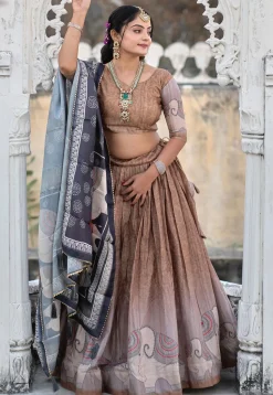 Digital Printed Pure Manipuri Silk Lehenga in Light Brown
