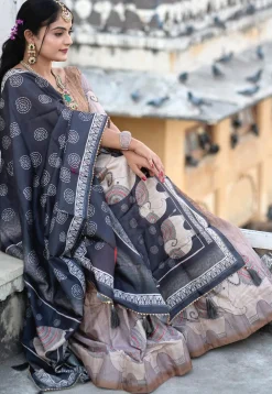 Digital Printed Pure Manipuri Silk Lehenga in Light Brown