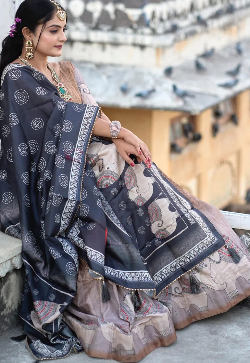 Digital Printed Pure Manipuri Silk Lehenga in Light Brown