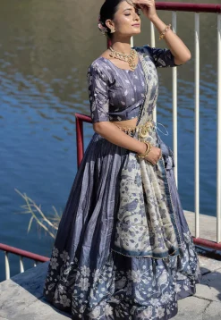 Digital Printed Pure Manipuri Silk Lehenga in Grey