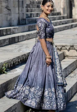 Digital Printed Pure Manipuri Silk Lehenga in Grey