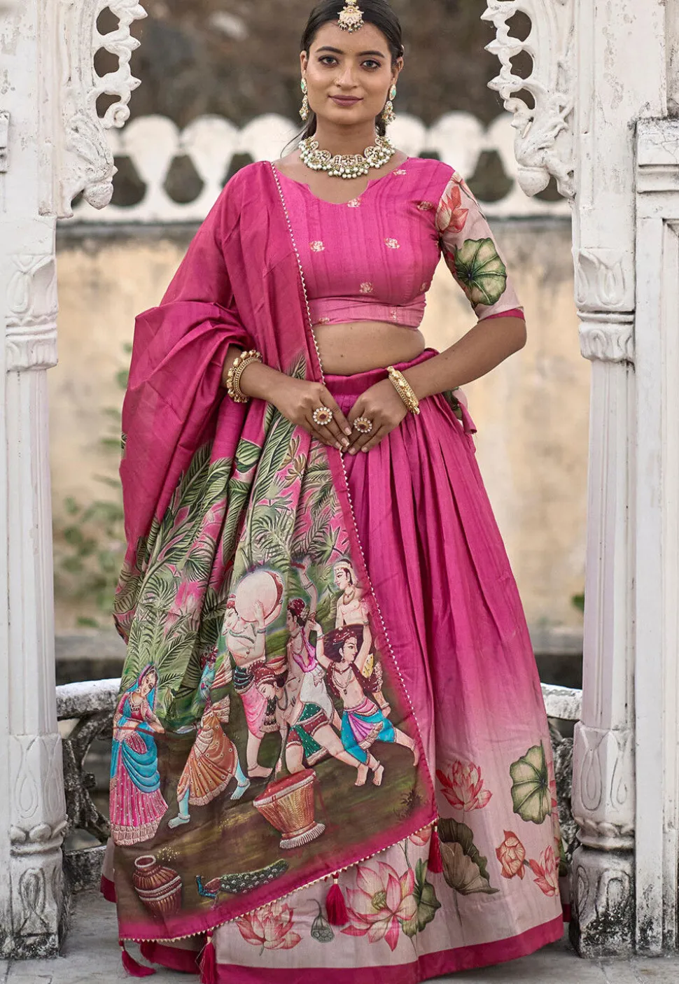 Digital Printed Pure Manipuri Silk Lehenga in Pink