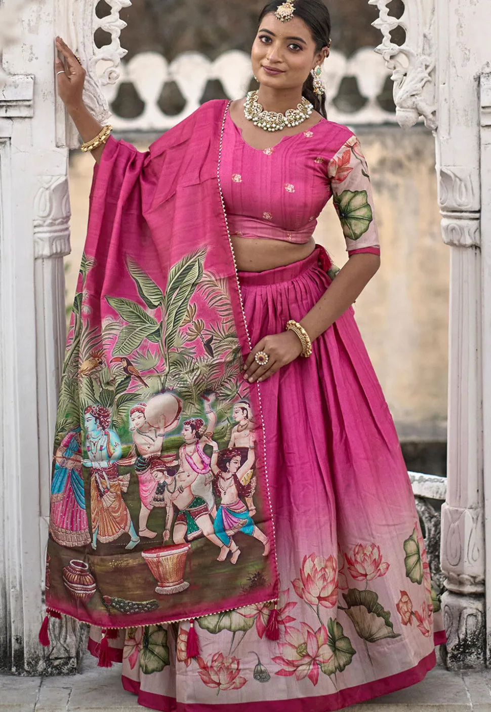 Digital Printed Pure Manipuri Silk Lehenga in Pink