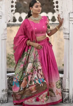 Digital Printed Pure Manipuri Silk Lehenga in Pink