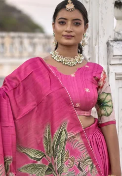 Digital Printed Pure Manipuri Silk Lehenga in Pink
