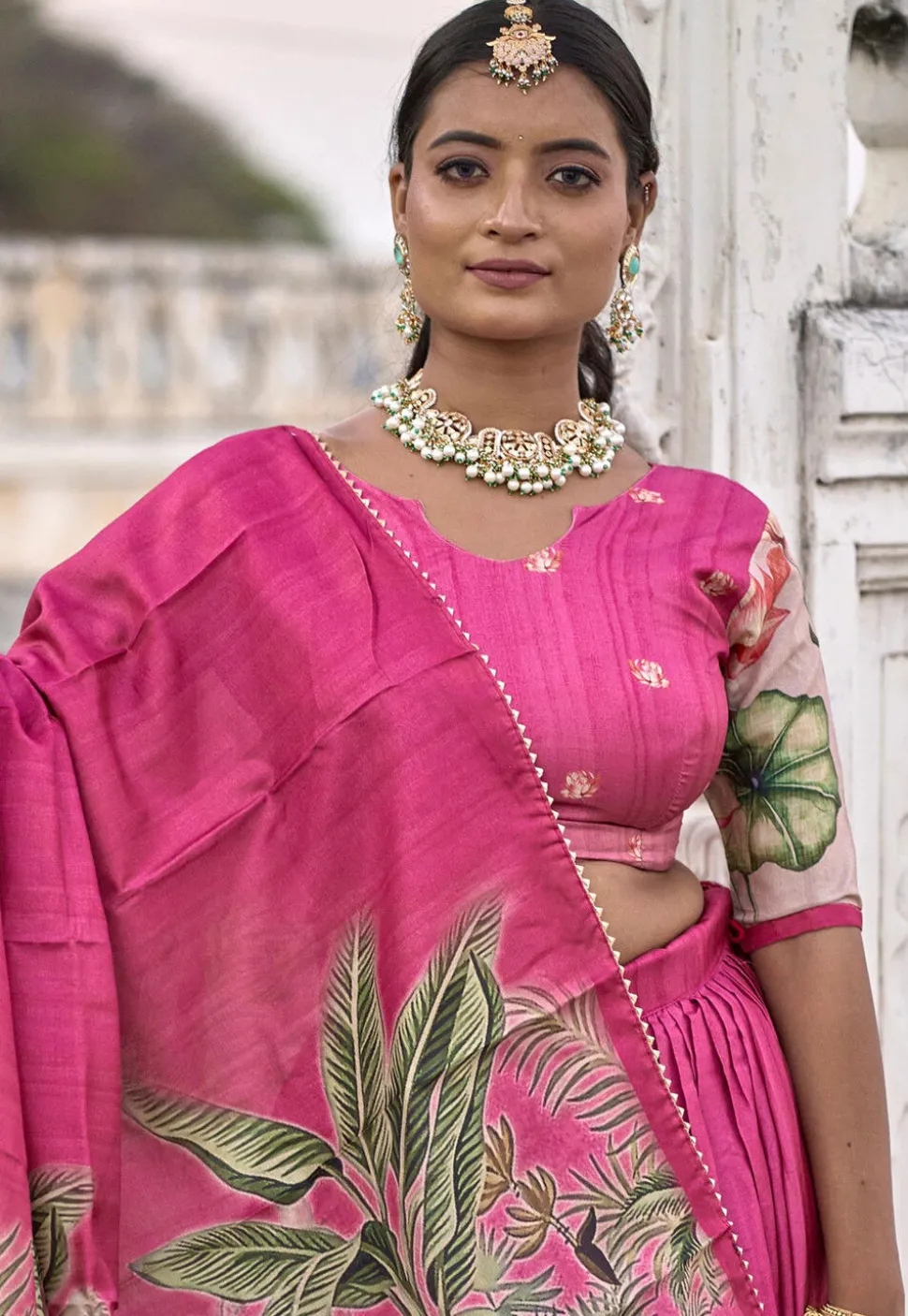 Digital Printed Pure Manipuri Silk Lehenga in Pink
