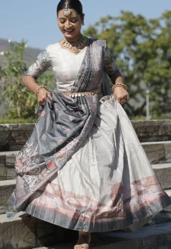 Digital Printed Pure Manipuri Silk Lehenga in Off White