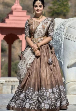 Digital Printed Pure Manipuri Silk Lehenga in Brown
