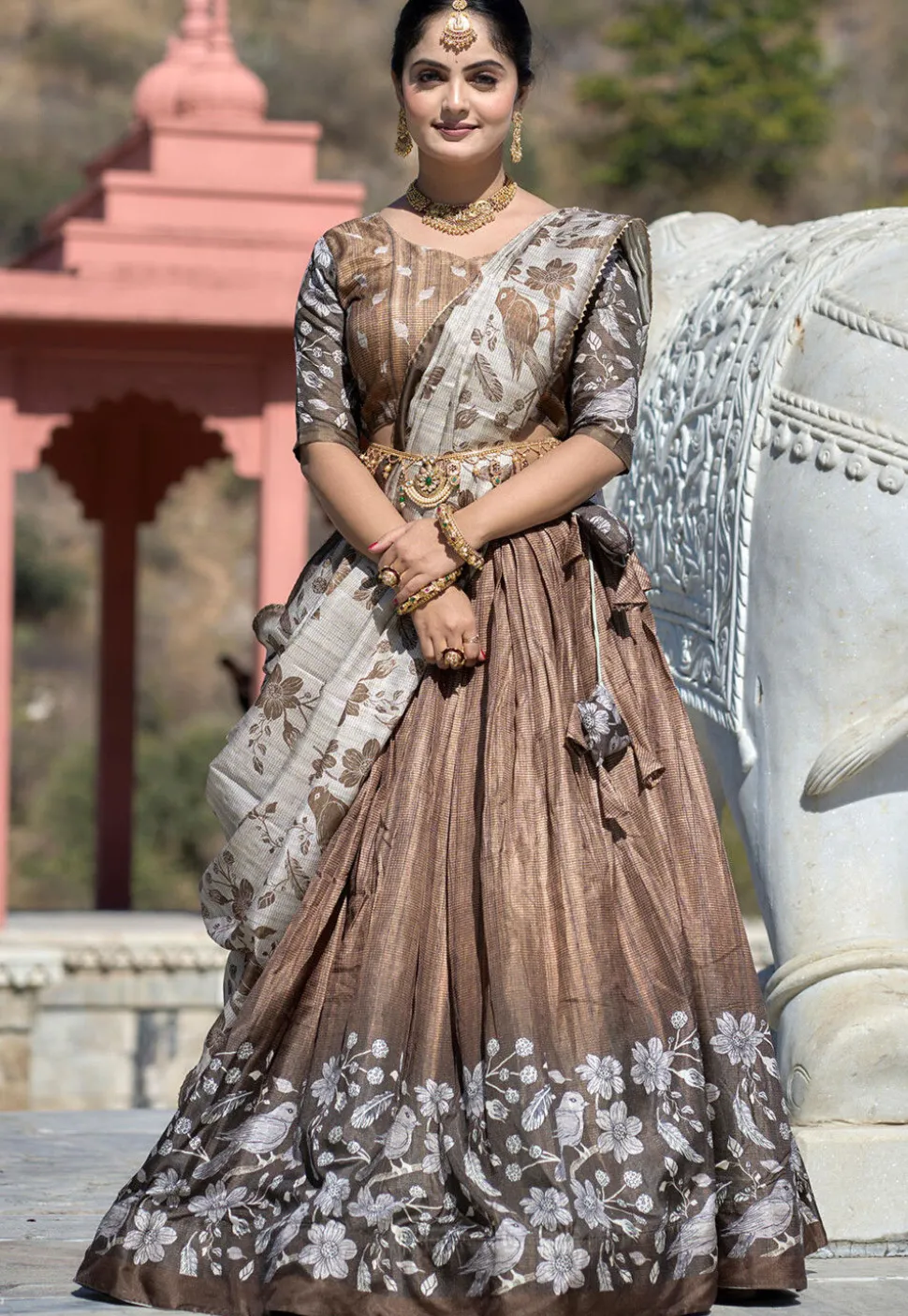 Digital Printed Pure Manipuri Silk Lehenga in Brown
