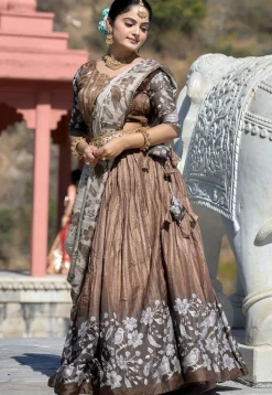 Digital Printed Pure Manipuri Silk Lehenga in Brown