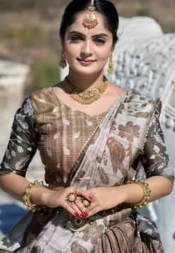 Digital Printed Pure Manipuri Silk Lehenga in Brown