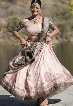 Digital Printed Pure Manipuri Silk Lehenga in Peach