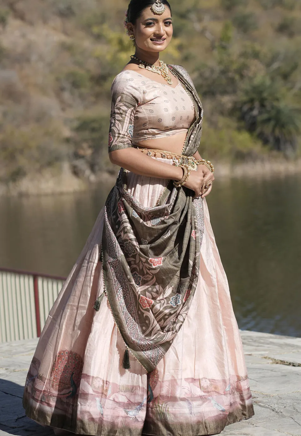 Digital Printed Pure Manipuri Silk Lehenga in Peach