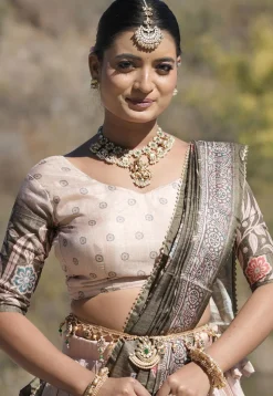 Digital Printed Pure Manipuri Silk Lehenga in Peach