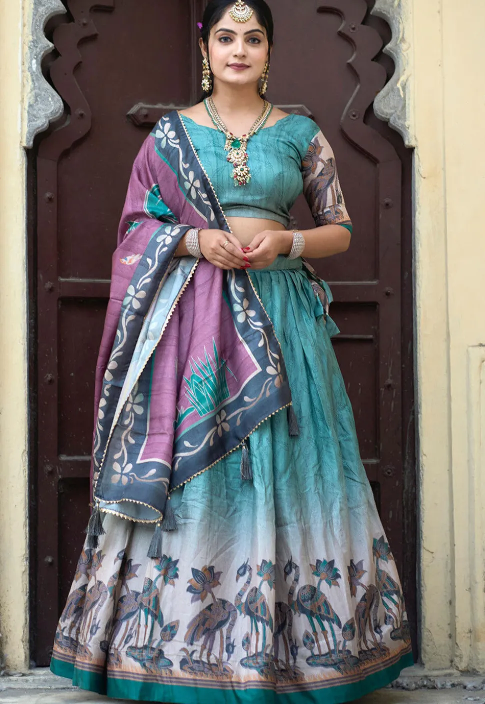 Digital Printed Pure Manipuri Silk Lehenga in Light Teal Blue