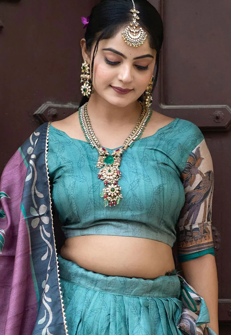 Digital Printed Pure Manipuri Silk Lehenga in Light Teal Blue