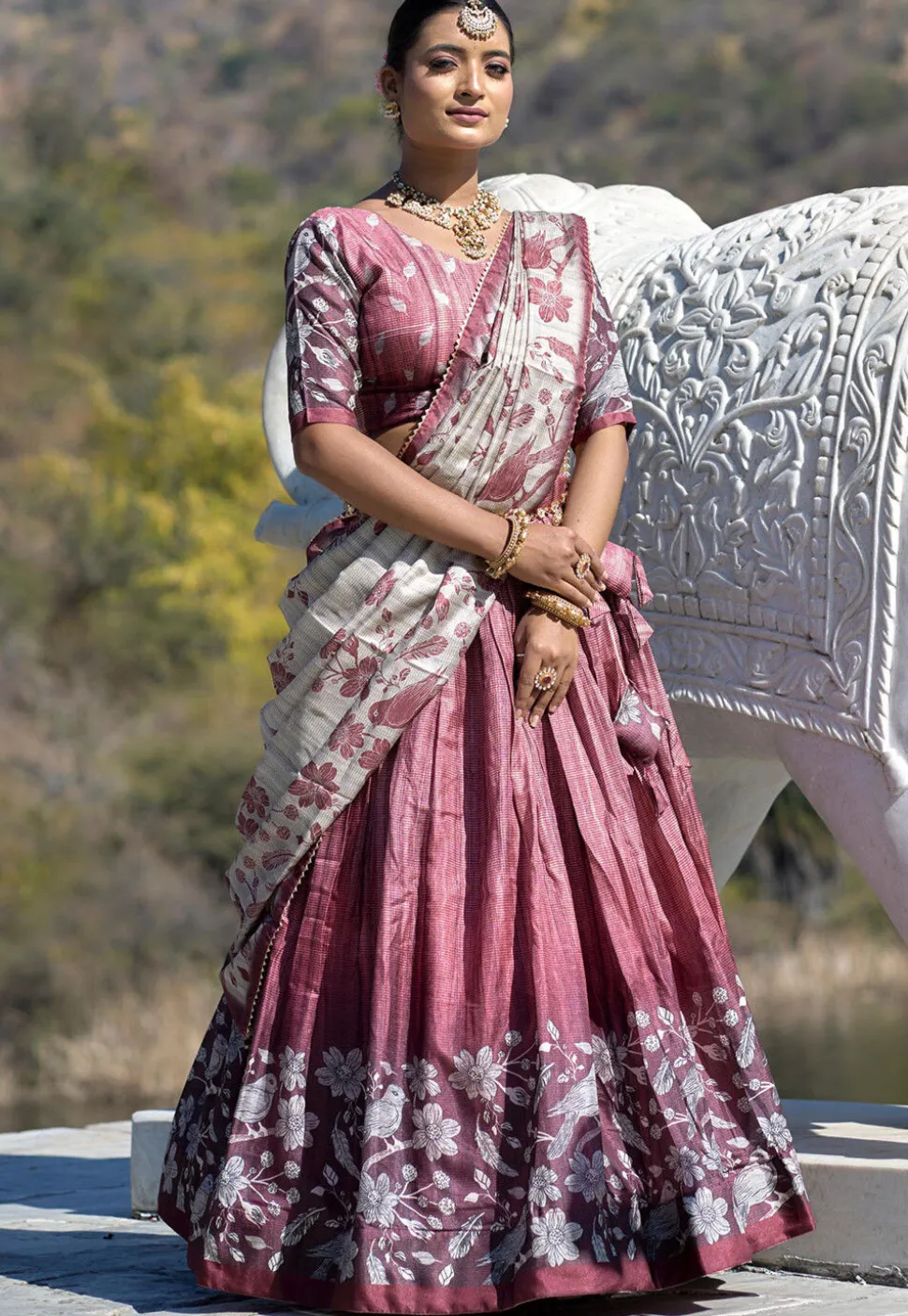 Digital Printed Pure Manipuri Silk Lehenga in Old Rose