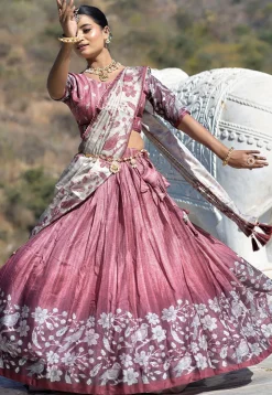 Digital Printed Pure Manipuri Silk Lehenga in Old Rose