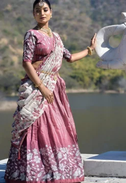 Digital Printed Pure Manipuri Silk Lehenga in Old Rose