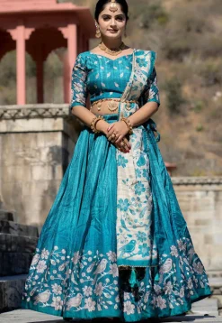 Digital Printed Pure Manipuri Silk Lehenga in Teal Blue