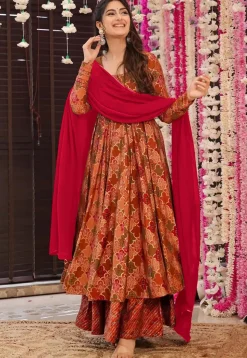 Digital Printed Pure Muslin Silk A Line Suit in Peach and Multicolor