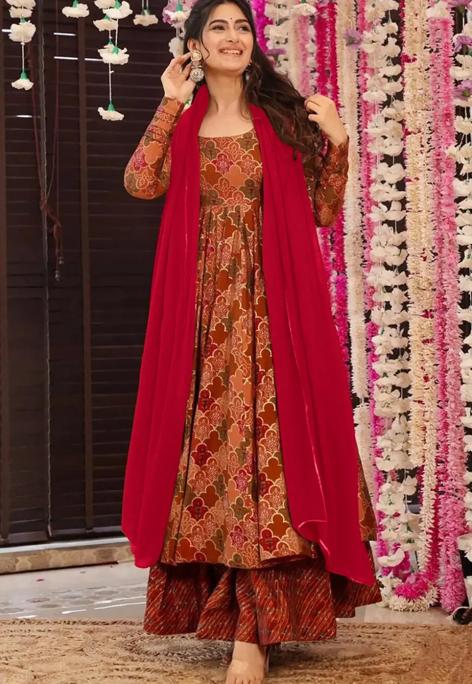 Digital Printed Pure Muslin Silk A Line Suit in Peach and Multicolor