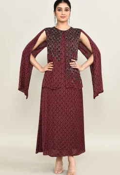 Digital Printed Pure Satin Midi Dress in Maroon