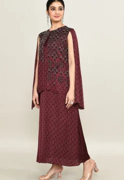 Digital Printed Pure Satin Midi Dress in Maroon